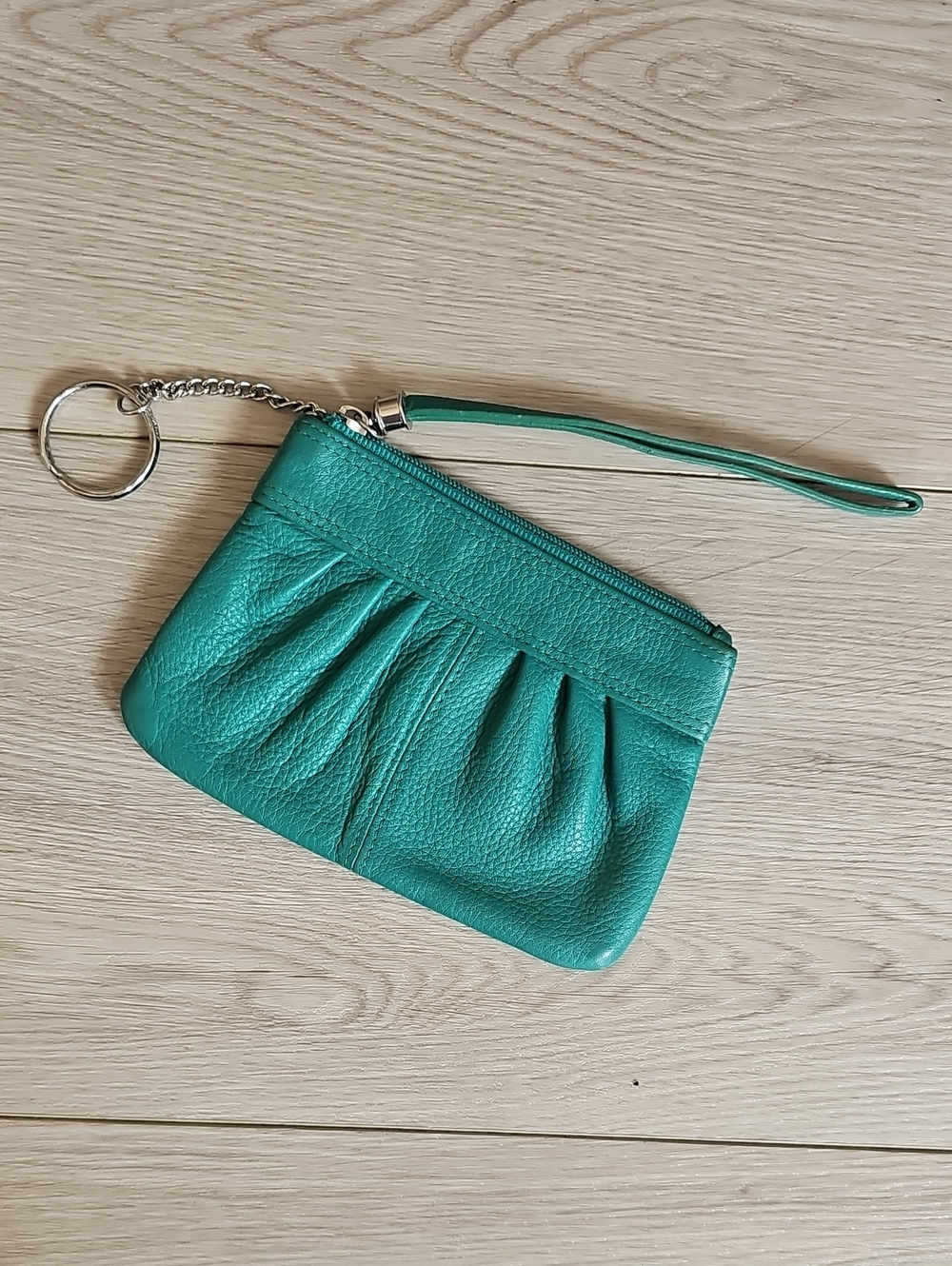 Danier Teal Leather Wristlet Keychain Wallet / Coin Purse